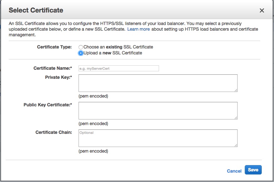 ELB's add certificate screen